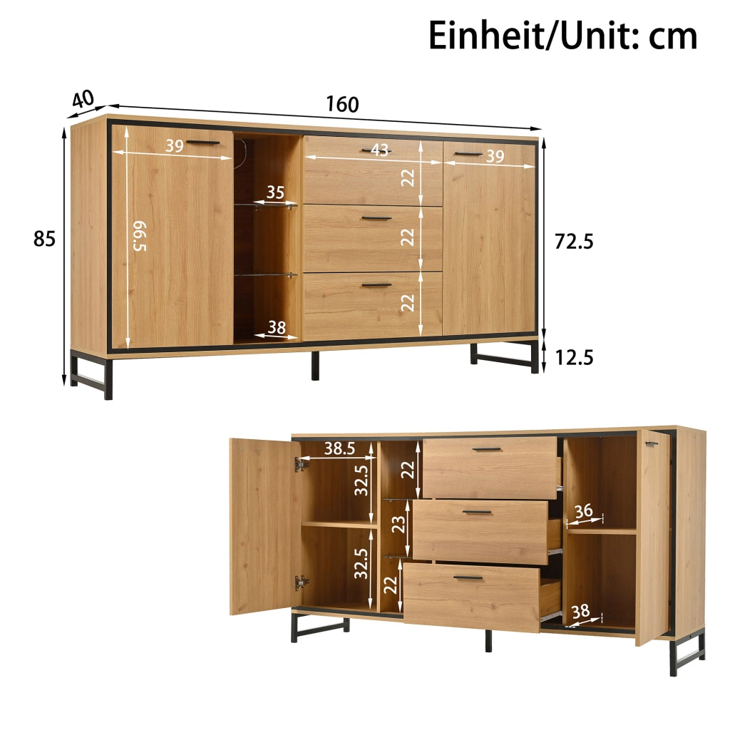 Credenza con 3 cassetti, ripiani regolabili e LED, per soggiorno, legno naturale e nero, 160 × 40 × 85 cm
