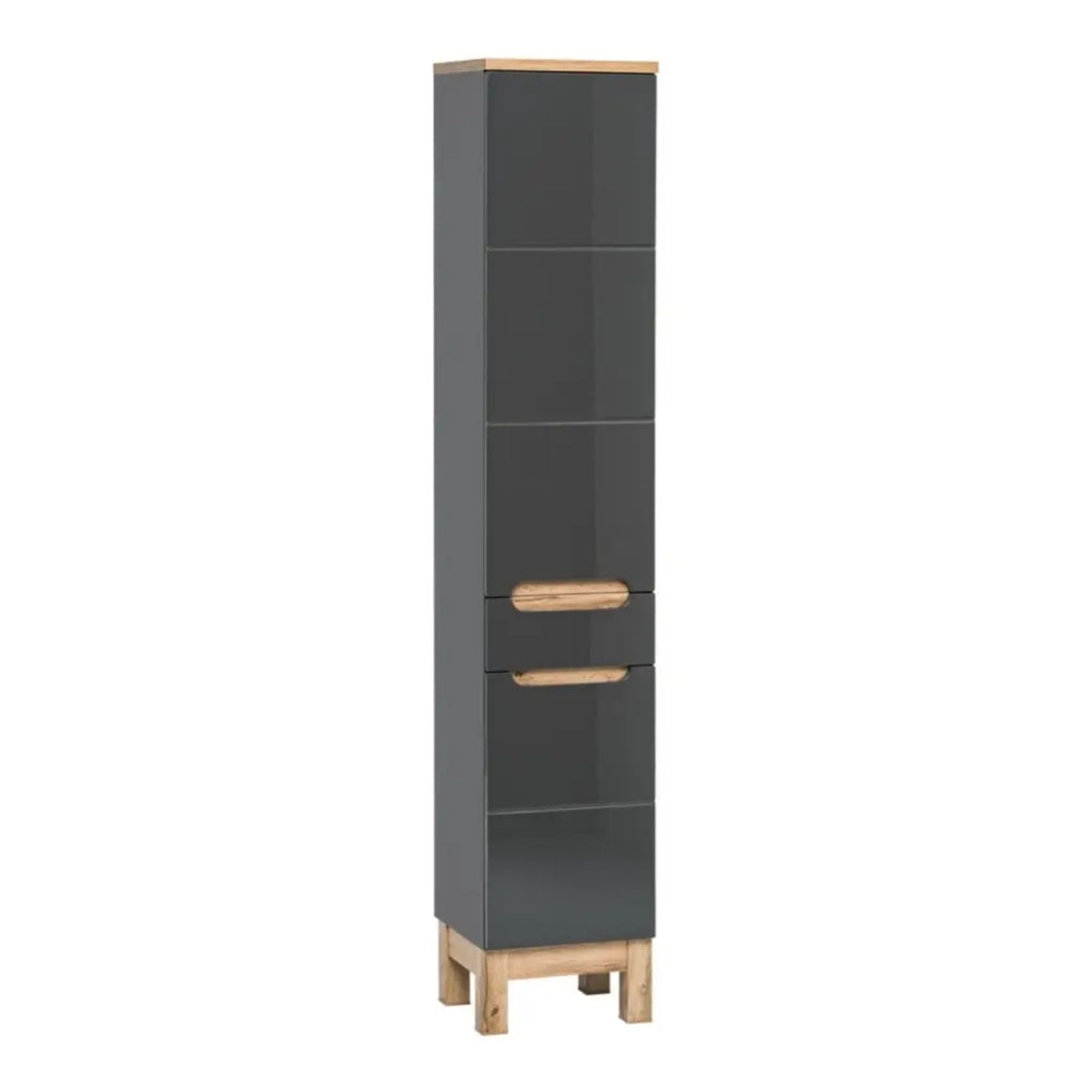 Colonna da bagno ERMANO – Finitura legno e grigio lucido con cassetto e armadietti