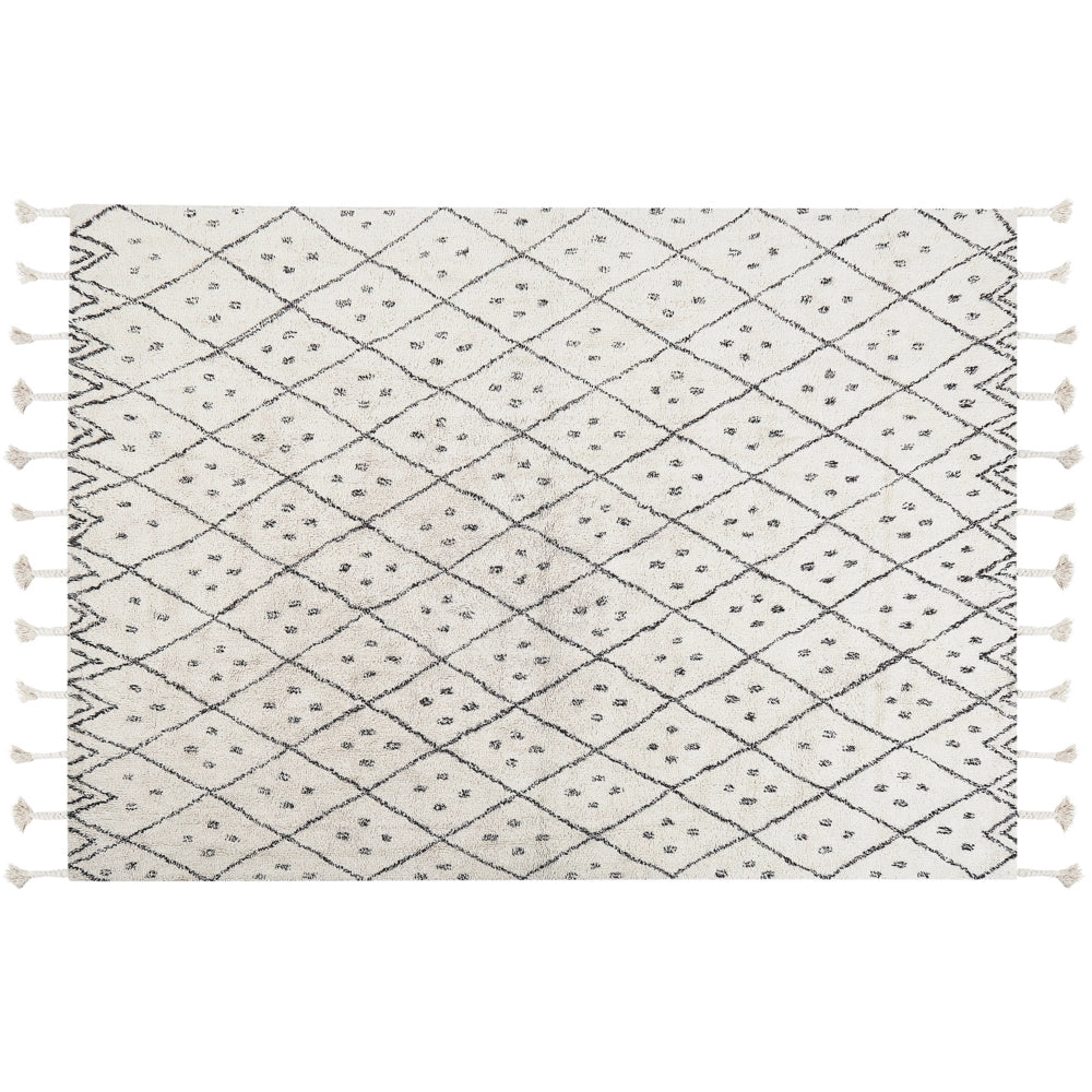 Tappeto cotone bianco sporco e nero 160 x 230 cm moderno orientale tribale nappe motivo geometrico