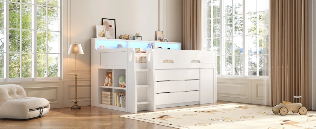 LETTO A SOPPALCO BASSO 90x200 cm bianco con scrivania mobile e 3 cassetti