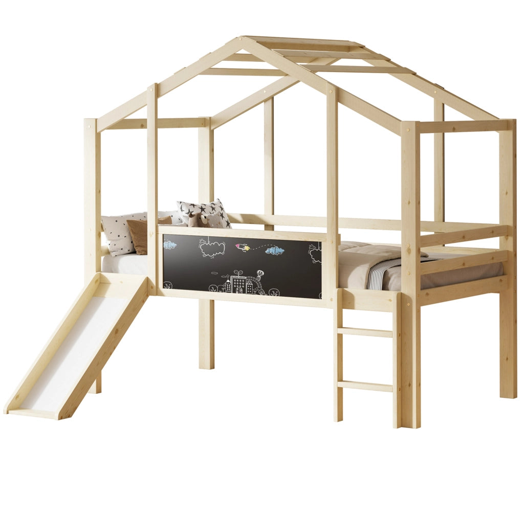 Letto a soppalco per bambini 90x200 cm in legno massello con scivolo e lavagna