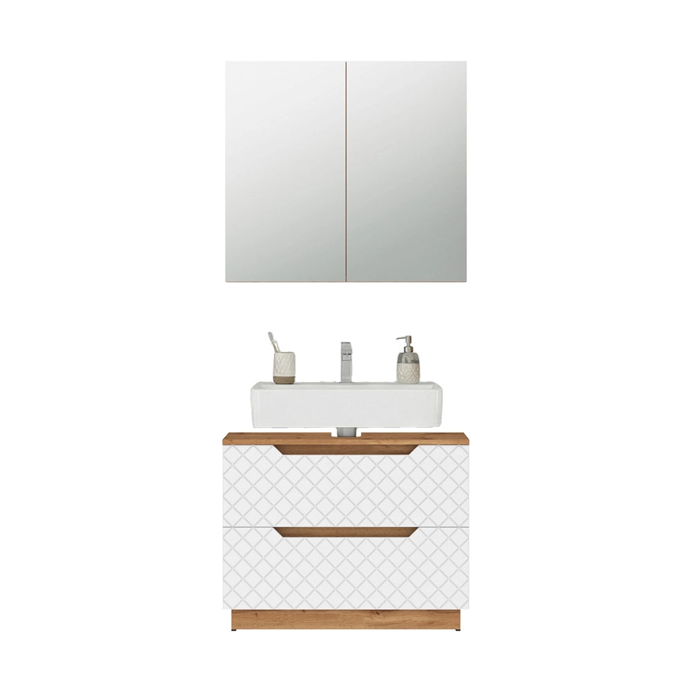 Vicco Set di mobili da bagno Rovere/bianco con struttura in piastrelle 2 parti