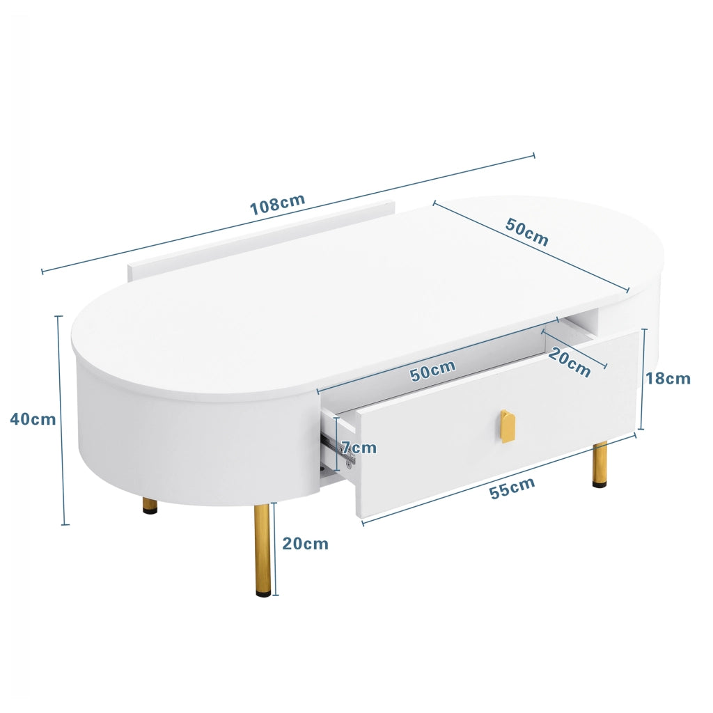 Tavolino da salotto con 2 Cassetti; Maniglie e Gambe dorate; Angoli Arrotondati; per Soggiorno; MDF; 108 × 50 × 40 cm