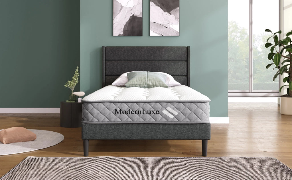 DESMIU Letto singolo 90 × 200 cm con testiera, con materasso, in lino, grigio scuro
