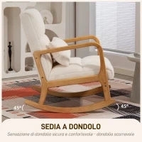 Poltrona a Dondolo 90°-130° con Cuscino Lombare rivestita in Tessuto Sherpa, 64.5x82x89 cm, Bianco e color Legno
