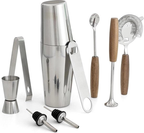 Set di Shaker in Legno da 10 pezzi con Manico in Acciaio Inossidabile - 750ml/560ml - Lavastoviglie - con Misura Doppia - Bar per Casa - Festa