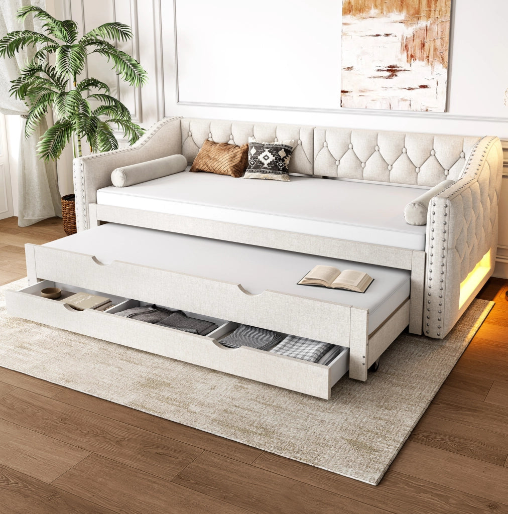 Letto da giorno imbottito 90x200 cm con LED; letto estraibile e tre cassetti; beige