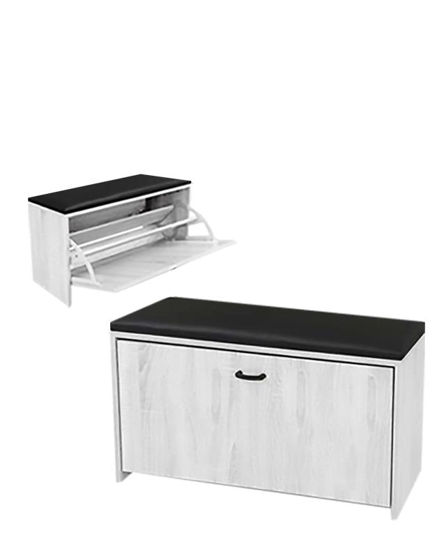 SCARPIERA IN MDF COLOR BIANCO LEGNO CON CASSETTO E SEDUTA IN SIMIL PELLE NERA DIMENSONI 60X24X41 CM