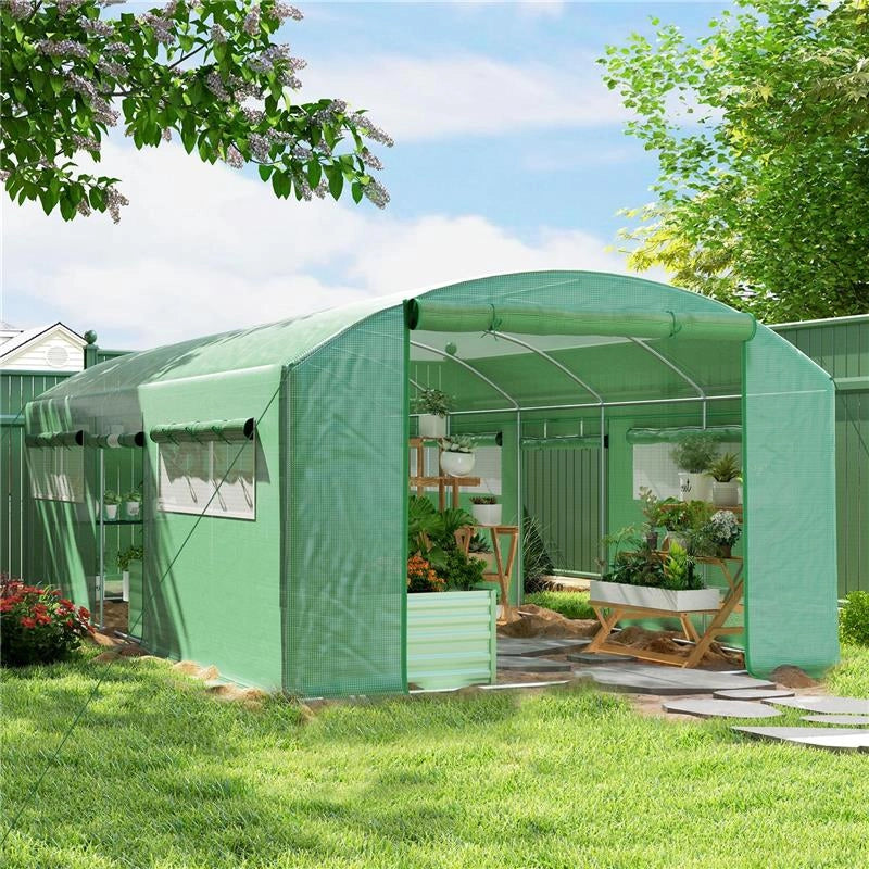 SERRA A TUNNEL CON 3 PORTE AVVOLGIBILI E 6 FINESTRELLE, IN ACCIAIO ZINCATO E PE, 6X3X2 M, VERDE