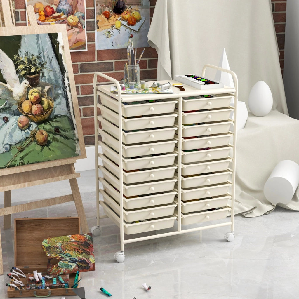 Carrello cassettiera multiuso e leggero con 20 cassetti, Contenitore con ruote per ufficio e casa Bianco