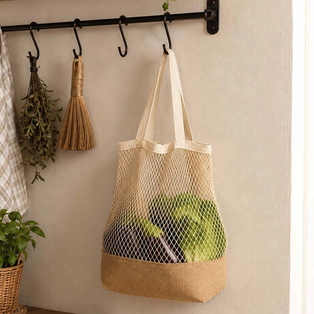 Borsa Shopper a Rete Beige con Base in Juta leggera capiente e riutilizzabile