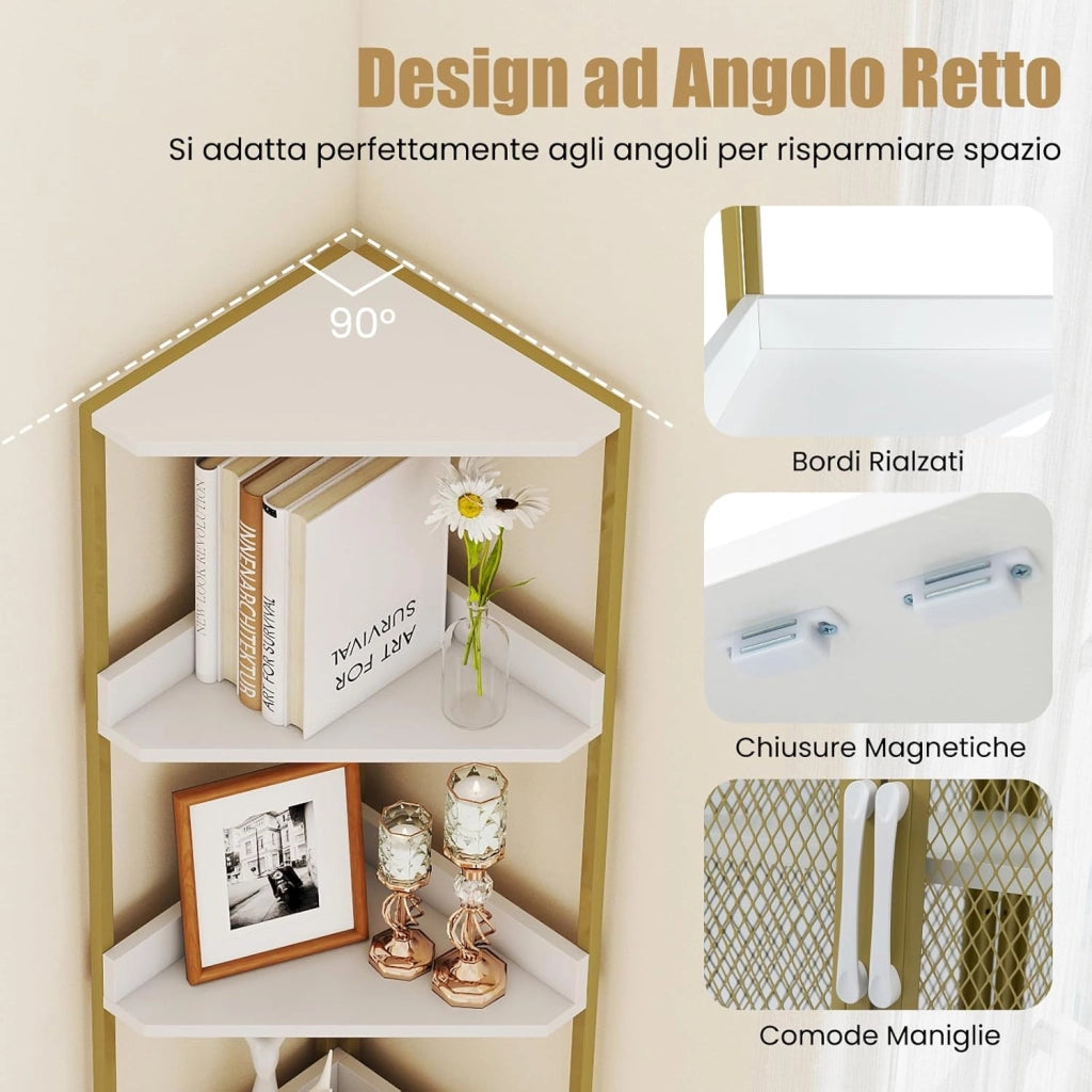 Scaffale Angolare a 6 Ripiani, Libreria Alta 170 cm con Armadietto, Scaffale Industrial per Libri con Ante, Multiuso per Soggiorno, Camera da Letto (Bianco)