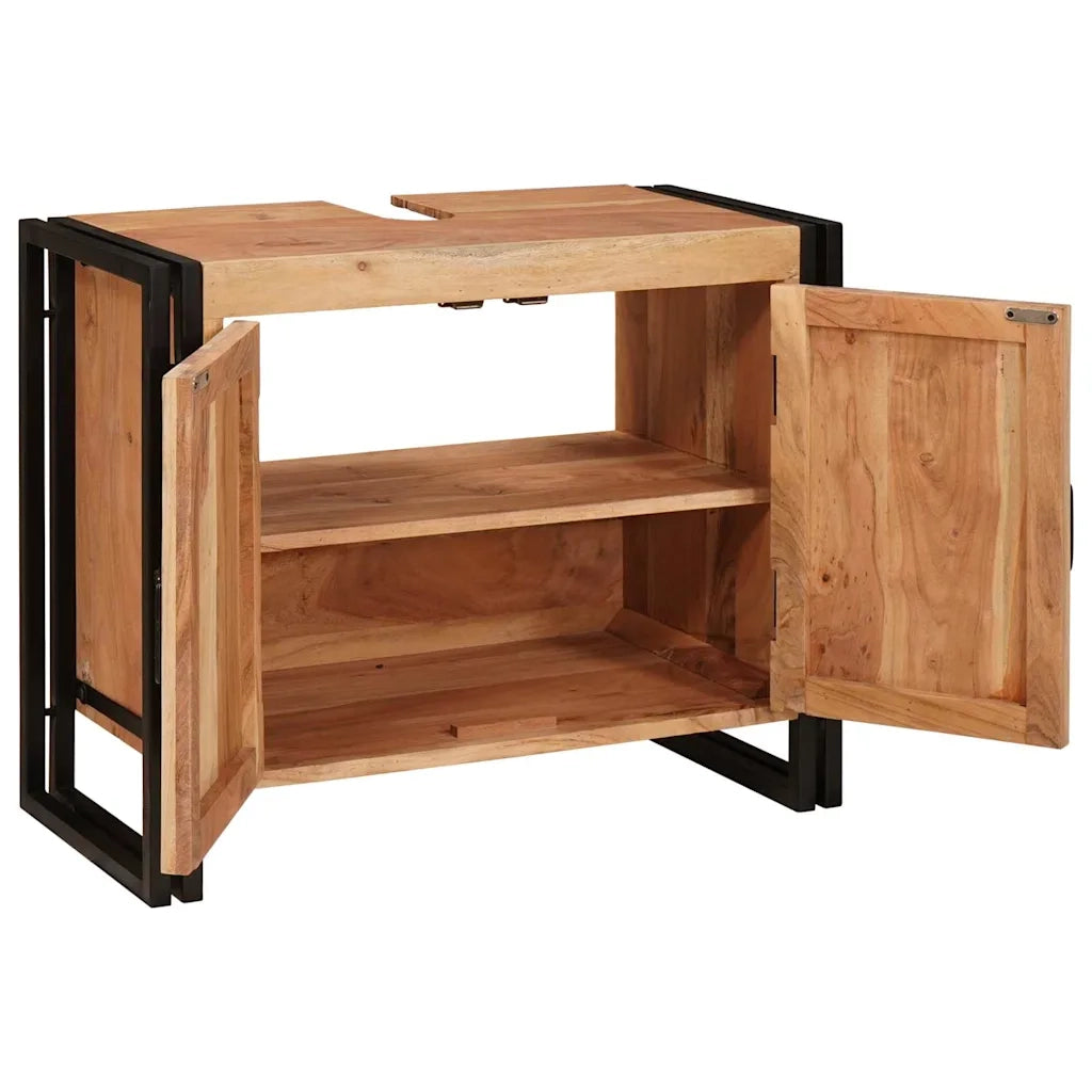 Mobile sottolavabo-Armadietto da bagno con porta Legno massello di acacia e ferro