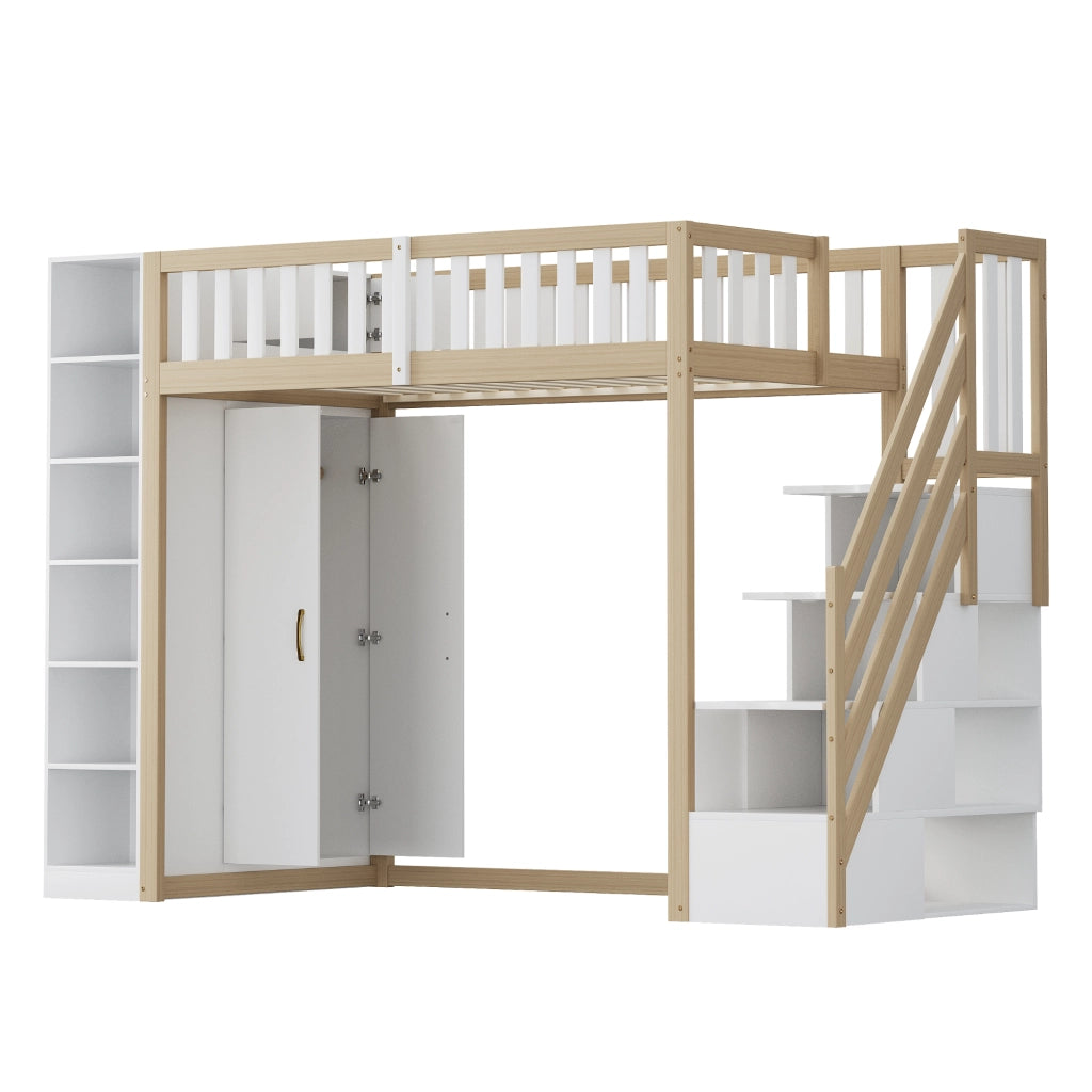 OKWISH Letto a Soppalco 90×200 cm, Letto Singolo con Scaffali, Armadio e Scala con Cassetti, senza Materasso, in Legno, Bianco