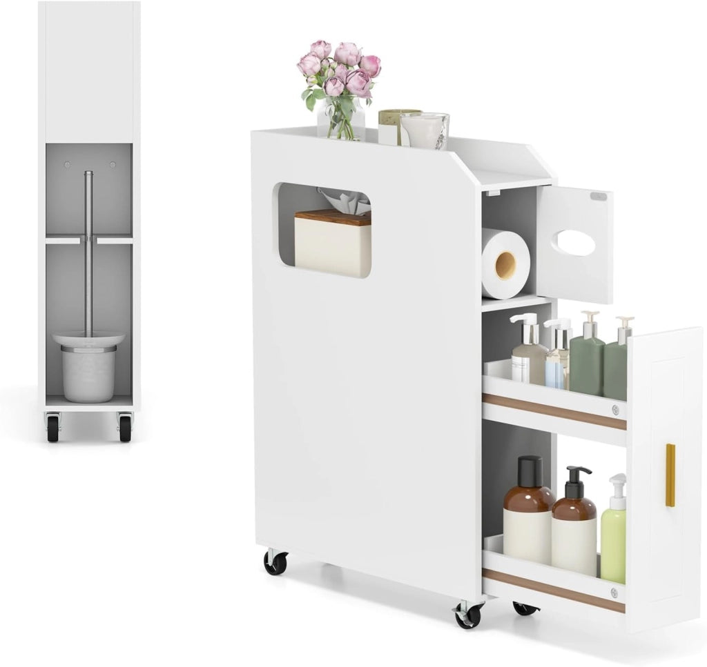 Piccolo Mobile da Bagno 16 cm, Armadietto da Bagno Stretto, Porta Carta, Porta Spazzola, Mobile WC Compatto con Cassetto e Ruote, Organizzazione del Bagno per Spazio Piccolo, Bianco