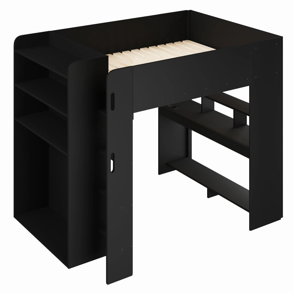 Letto a soppalco 140x200 cm con scrivania; armadio; LED e vani nero