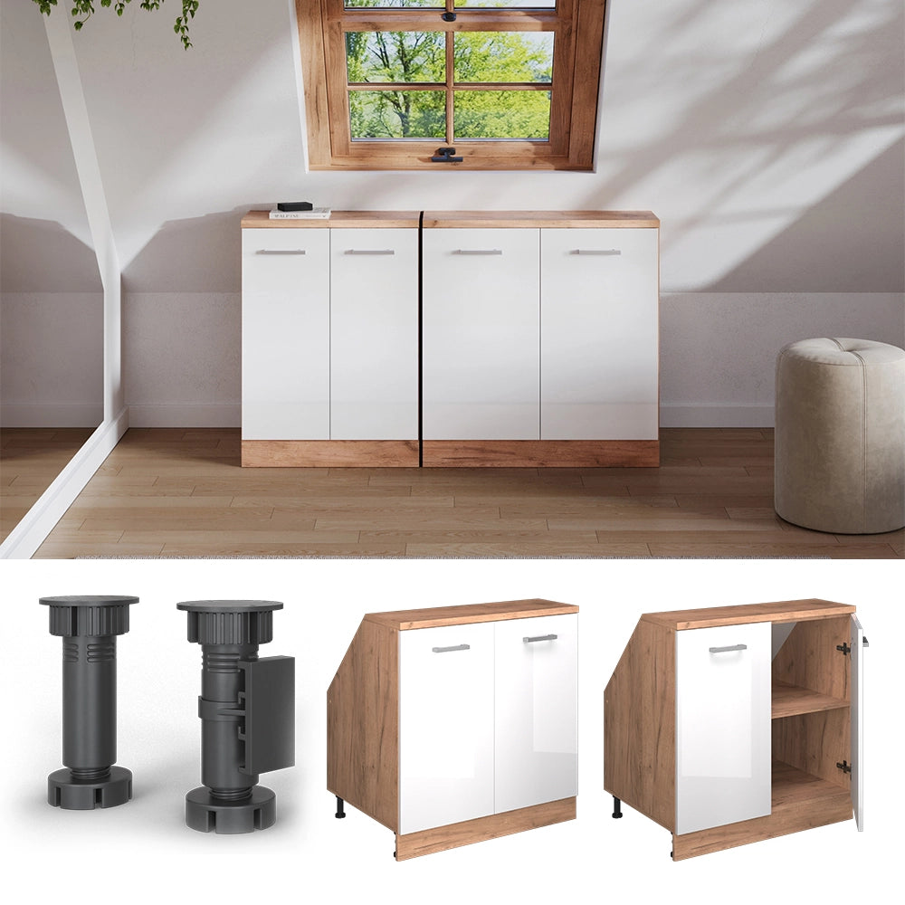 Mobile sottotetto Rion Bianco lucido/Rovere dorato 80 x 83.8 cm con 2 porte, carcassa 60 cm profondità Vicco