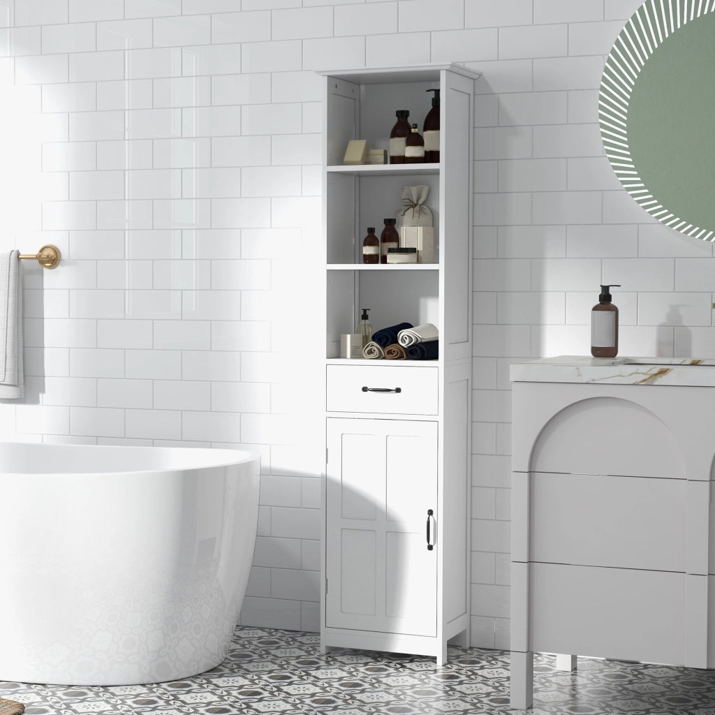 Colonna bagno con 3 scomparti aperti, cassetto e ripiano regolabile ¨C Minimal ¨C bianco 40x30x164