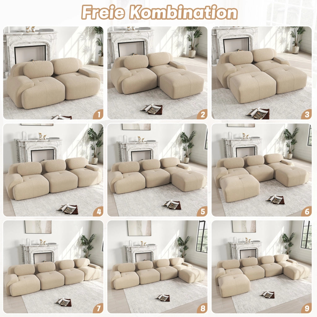 Divano angolare modulare in velluto a coste beige; design senza telaio; senza montaggio