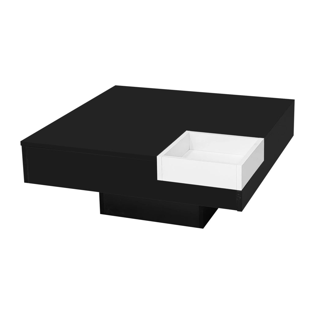 Tavolino da caffè moderno 72x72x30 cm in truciolare nero e bianco lucido con LED