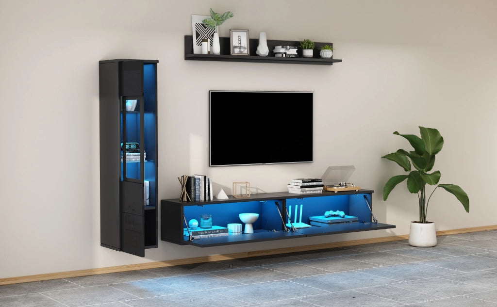 Cassettiera TV nera in truciolato lucido lunghezza 180 cm