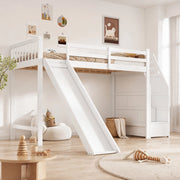 Letto a soppalco per bambini 90x200 cm bianco con scivolo e scala contenitore