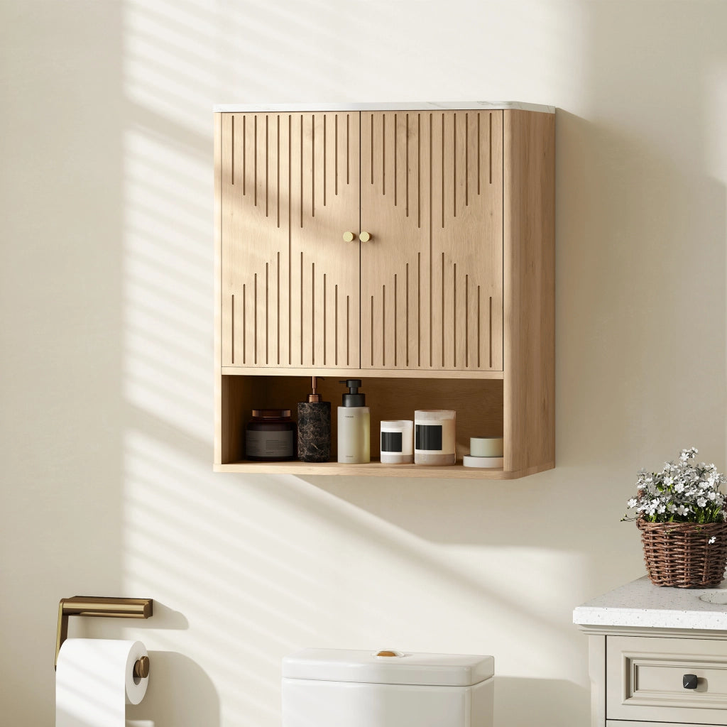 Armadietto Bagno a Parete con Ripiano Aperto e Ante Decorate ¨C zephmum ¨C Rovere, Effetto Marmo, 60x18x70 cm