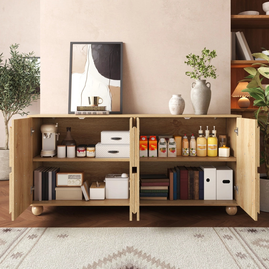 Sideboard a 4 ante con rilievo circolare; 160x38x76 cm; in MDF e pino; naturale
