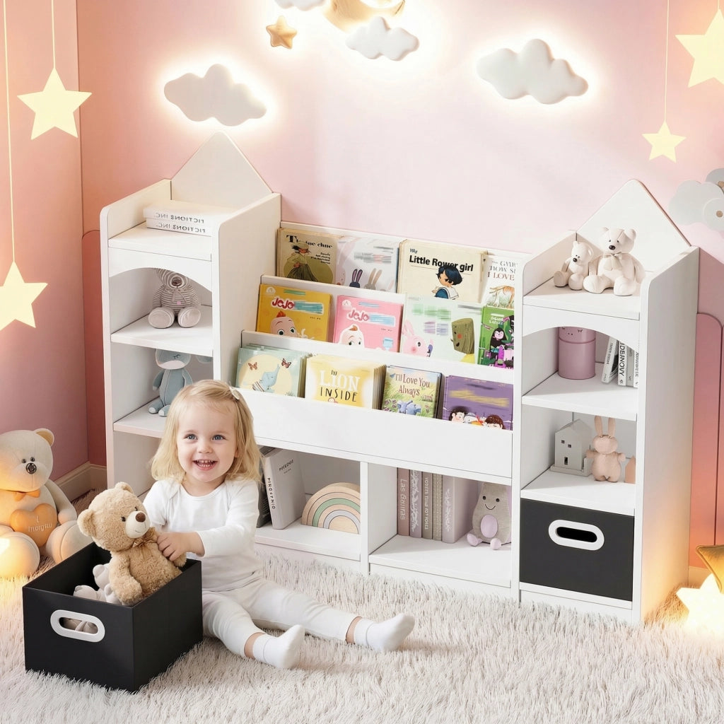 SCAFFALE per libri e giochi 130x30x90 cm Bianco con 2 box pieghevoli