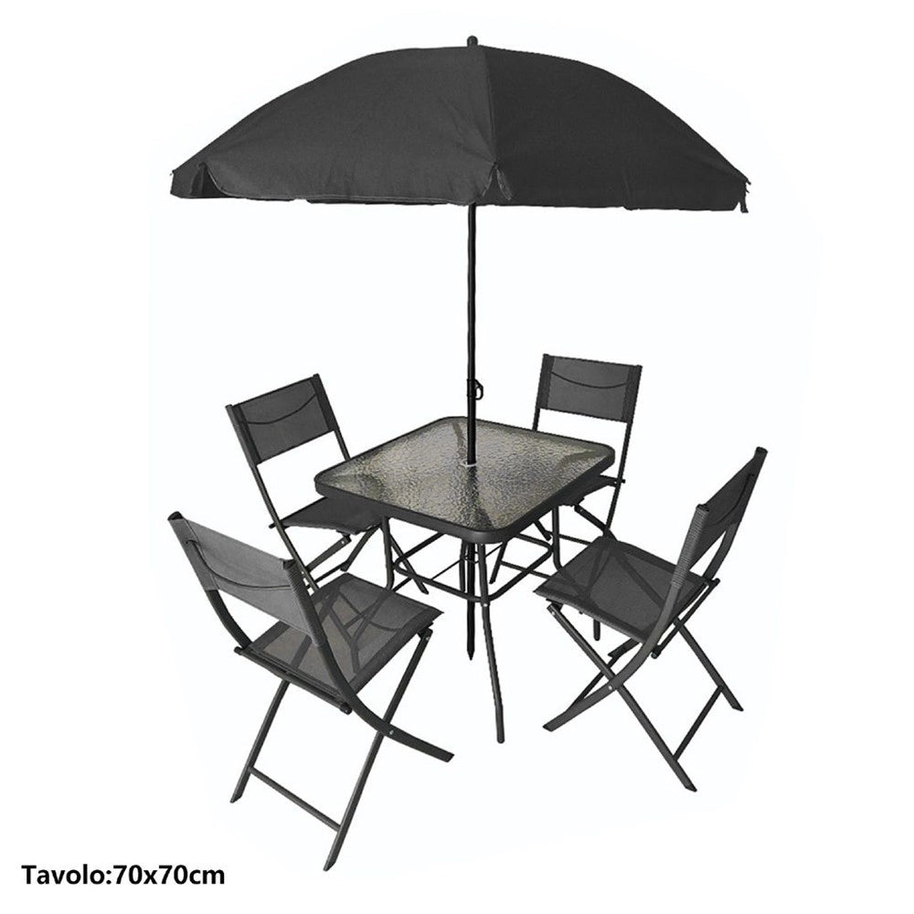 Trade Shop - Set Giardino Sharm Tavolo Con Ripiano Vetro 70x70cm 4 Sedie Pieghevoli Ombrellone Parasole -