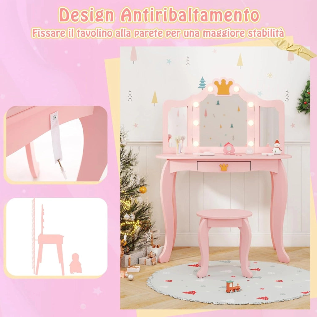 Set Toeletta Trucco per Bambina con Sgabello, Tavolo Trucco Triplo Specchio Staccabile con Luci LED a 3 Colori, Postazione Trucco con Cassetto e Accessori, per Bambine 3-7 Anni (Rosa)