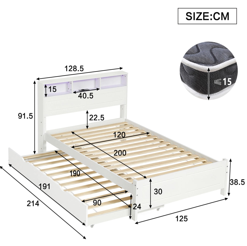 Letto multifunzione bianco con letto estraibile, LED e presa integrata