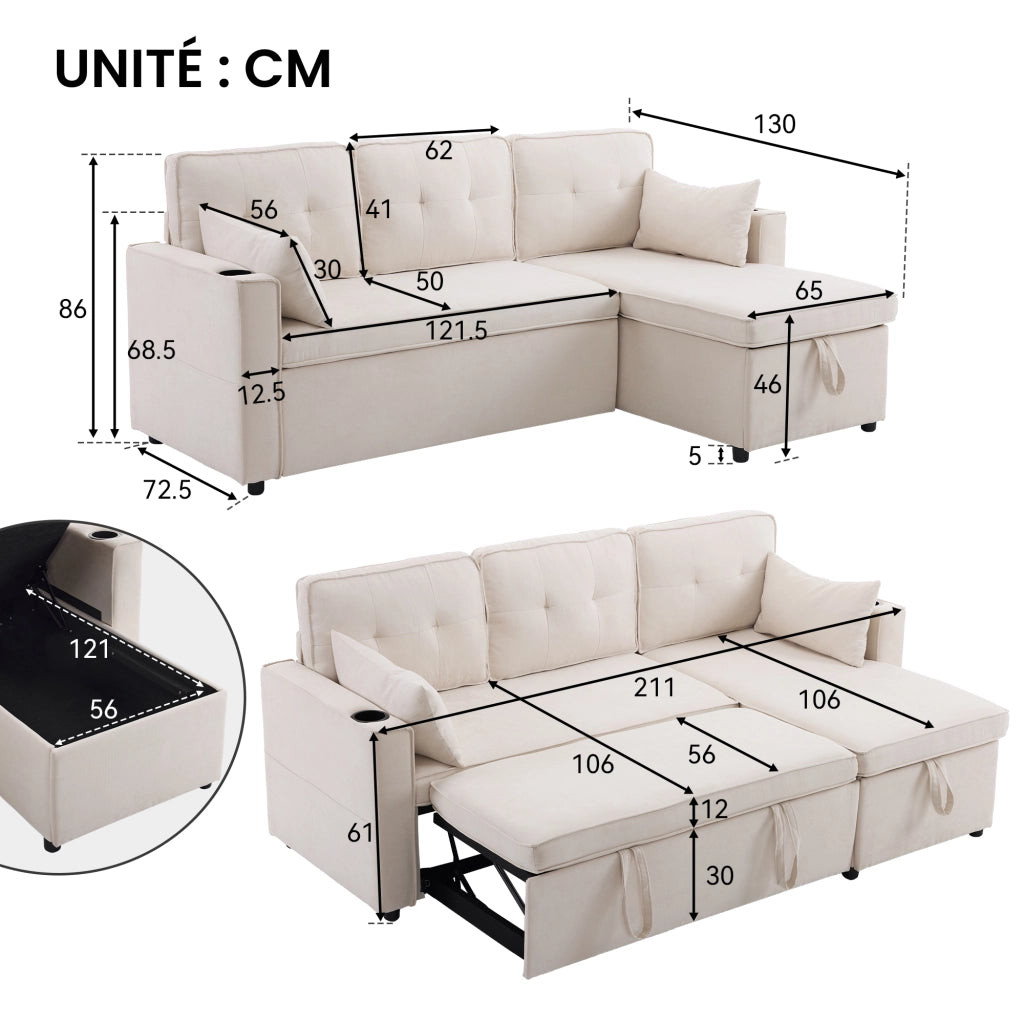 Divano Letto ad Angolo con Chaise Longue Reversibile; Contenitore e Portabicchieri; in Cotone e Lino Beige