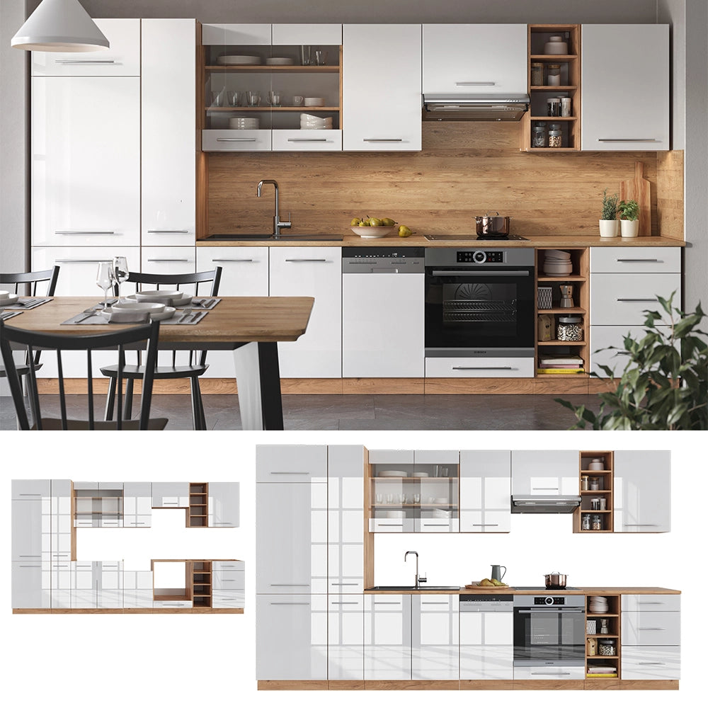 Vicco Cucina componibile Bianco lucido/oro power oak 355 cm senza piano di lavoro