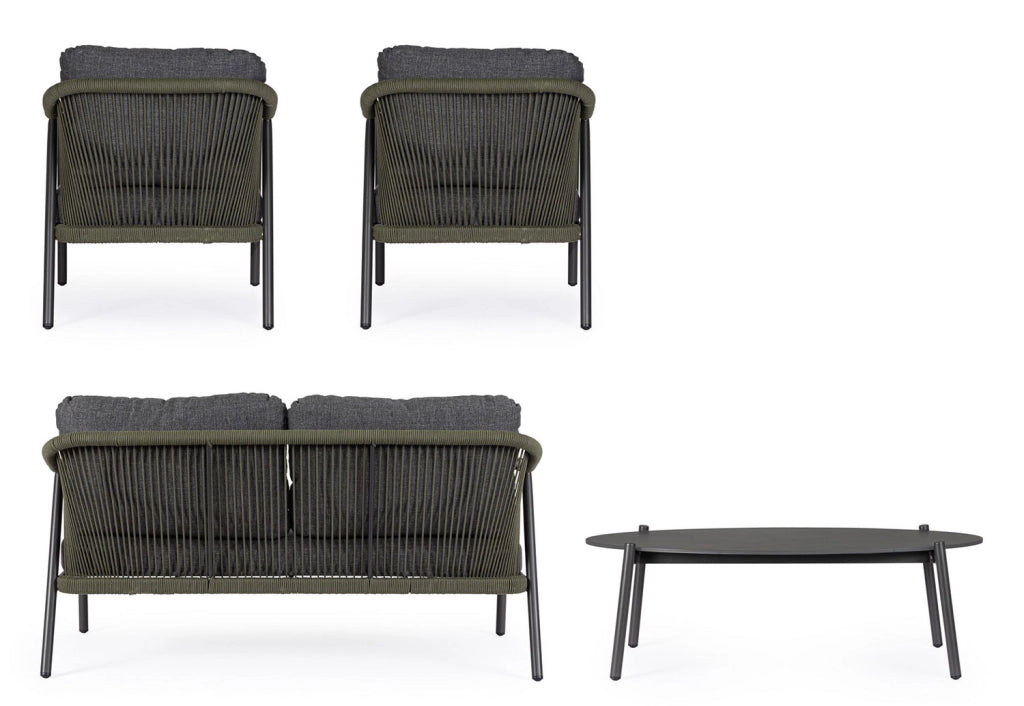Set 4 Pezzi Salotto da Giardino con Divano 2 Poltrone e Tavolino in Alluminio Corda Poliestere e Pietra Sinterizzata