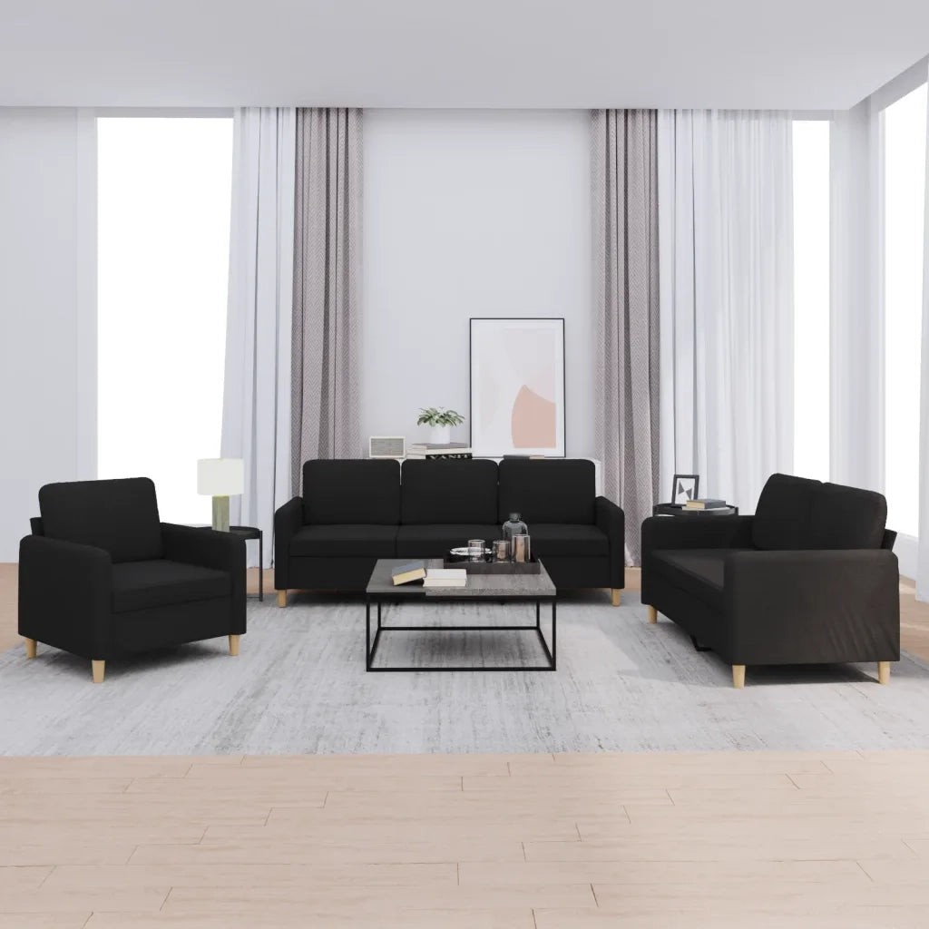 Set di Divani 3 pz con Cuscini Nero in Tessuto
