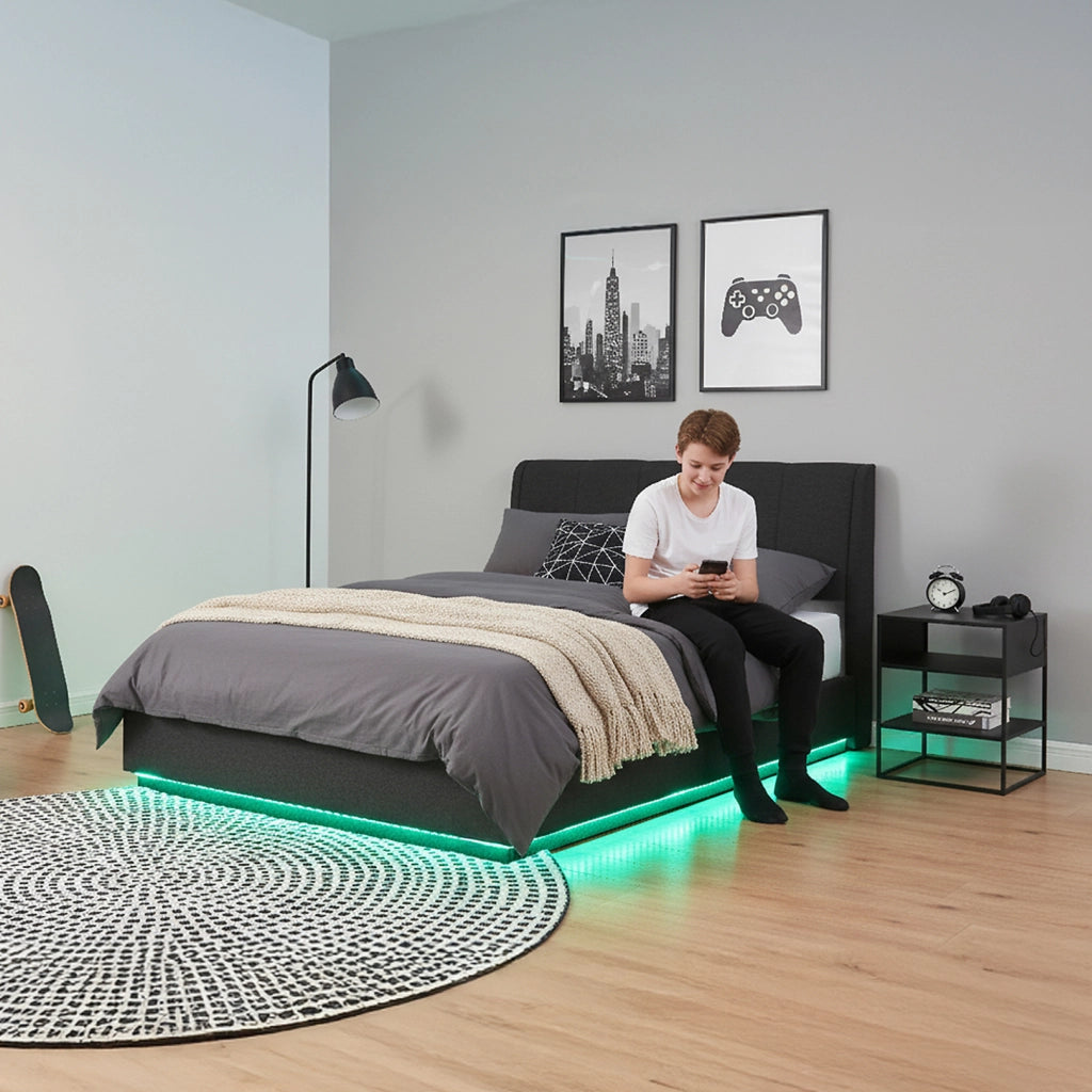 Letto Contenitore Tröstiar con Apertura a Ribalta e Luce LED Letto Doppio Matrimoniale 180x200 cm Nero [en.casa]