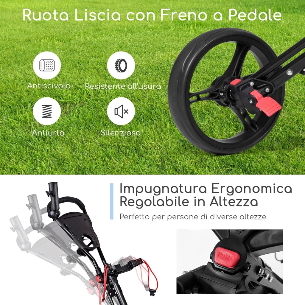 Carrello da Golf Pieghevole con 3 Ruote, Trolley da Golf con Portaombrelli e Porta Bicchiere, Golf Cart Apertura e Chiusura Facile, Nero