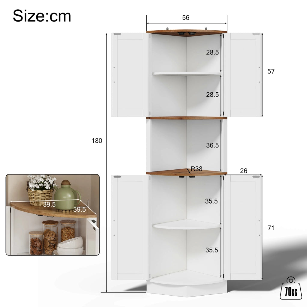 Mobile angolare 39.5x39.5x180 cm con 5 vani; stile vintage in MDF bianco