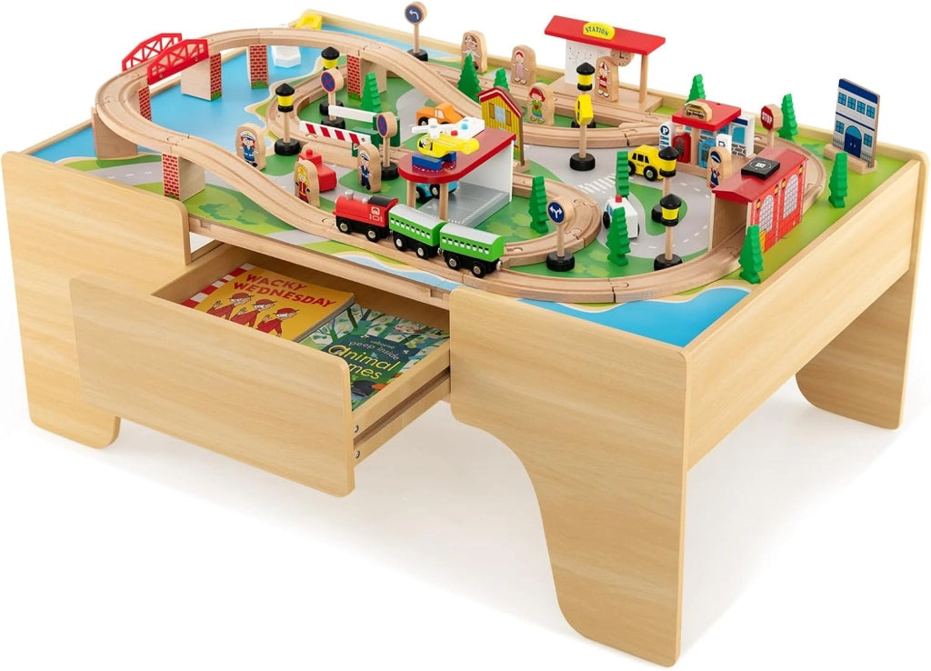 Tavolo e Set di Trenini in Legno, Tavolo Reversibile e Staccabile e Binari in Legno Massiccio, Set da Gioco Creativo 84/80 Pezzi, per Bambini 3 Anni+ (Stile 2)
