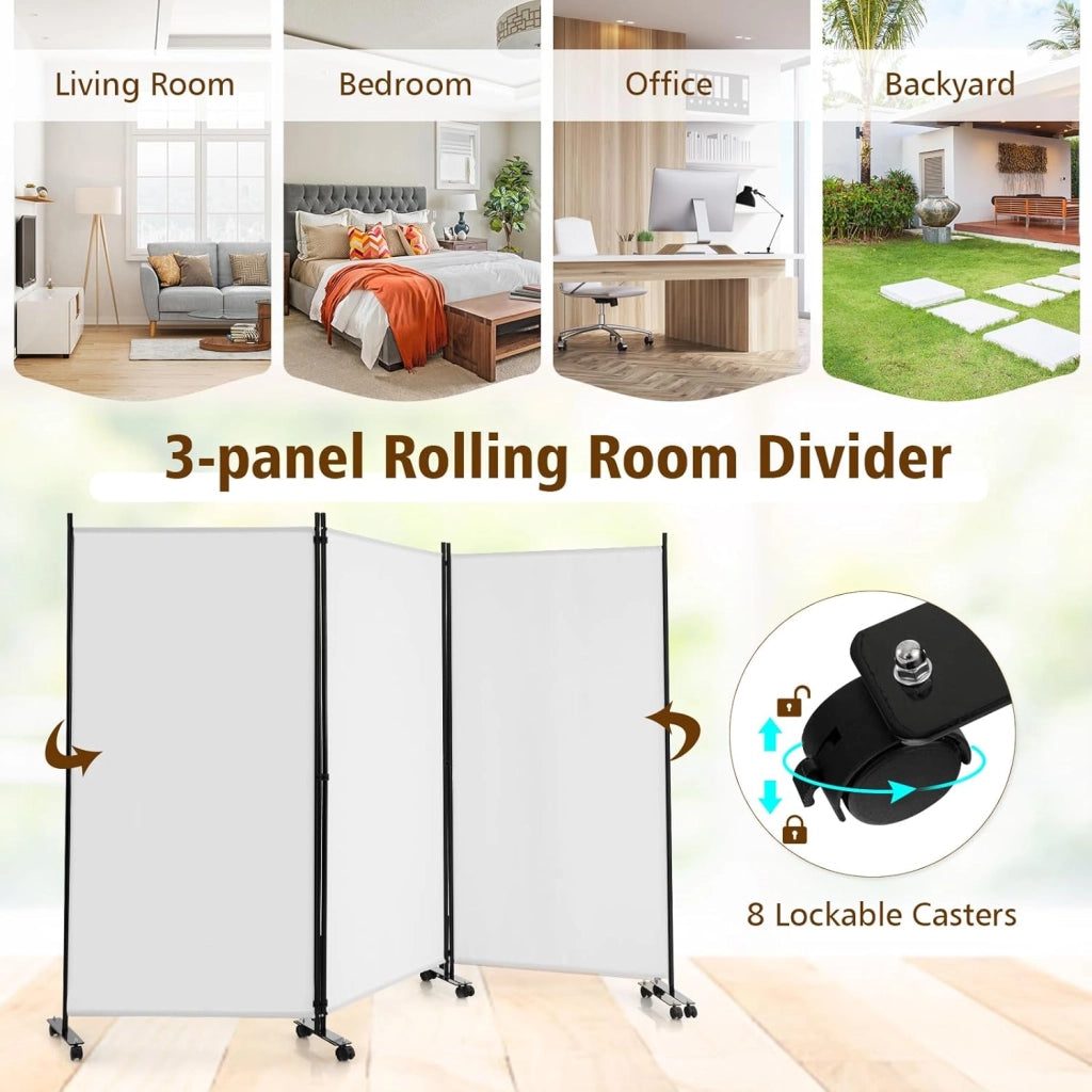 Divisorio Paravento con Ruote 3 pezzi, Divisorio da Parete in Ferro, Protezione Privata per Camera da Letto, Ufficio, 260 x 180 cm, 5 Colori (Bianco)
