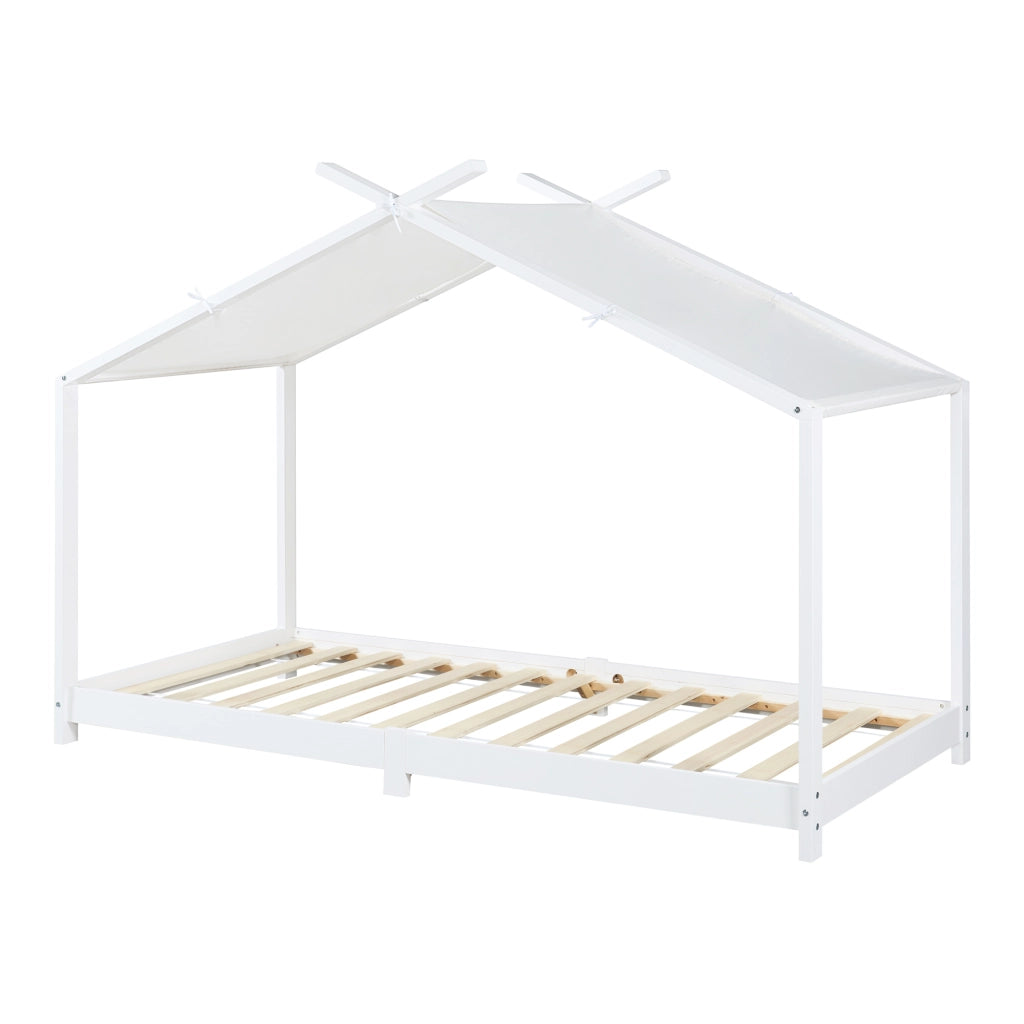 Letto Singolo Brome per Cameretta a Forma di Casetta Zona di Riposo 90x200 cm Legno - Bianco [en.casa]