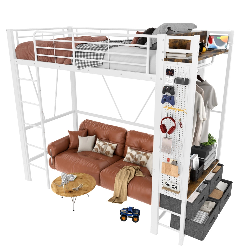 Letto a Soppalco Singolo con 4 Cassetti; USB; Porta C e LED 90 × 200 cm; senza Materasso; Metallo Bianco
