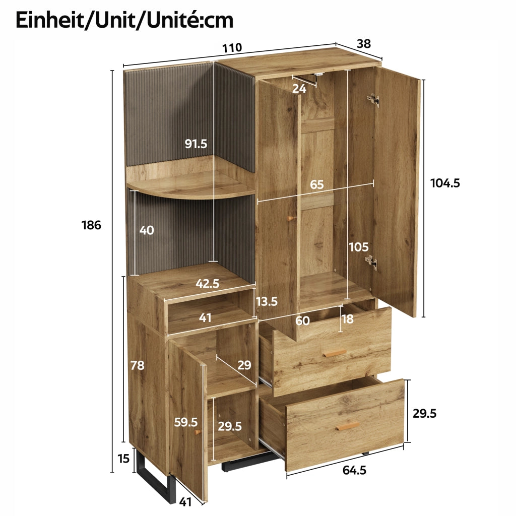 Mobile d'Ingresso con 1 Anta; 2 Cassetti; Barra Estraibile e Nicchie; Pannelli in Tessuto; Moderno; in MDF; Nero e Naturale; 110??38??186 cm