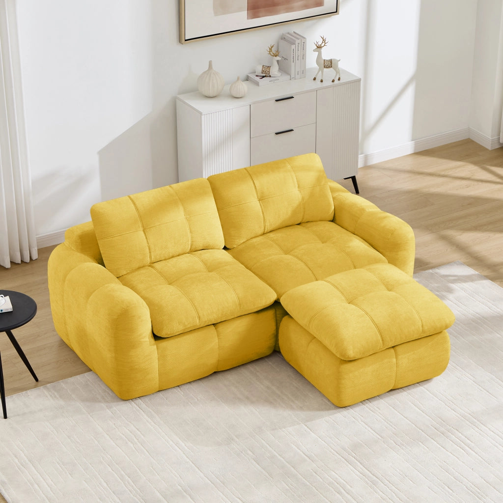 Divano modulare angolare 2 posti con pouf e design trapuntato in chenille giallo 194×160×68 cm