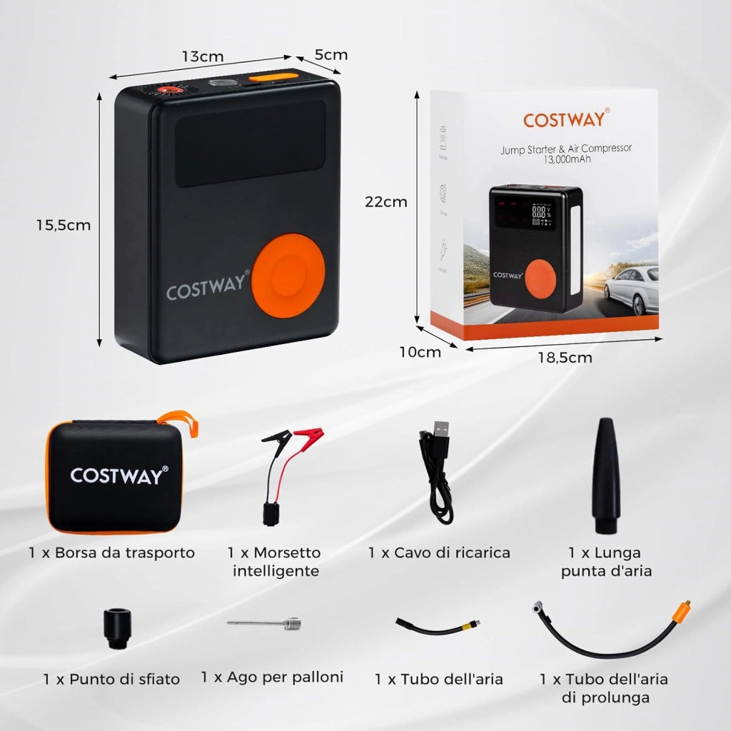 Avviatore di Emergenza con Compressore Aria, 2000A Avviatore di Batteria per Auto 12V con Gonfiatore Digitale da 150 PSI, 13000 mAh, Batteria al Litio Portatile con Schermo LED