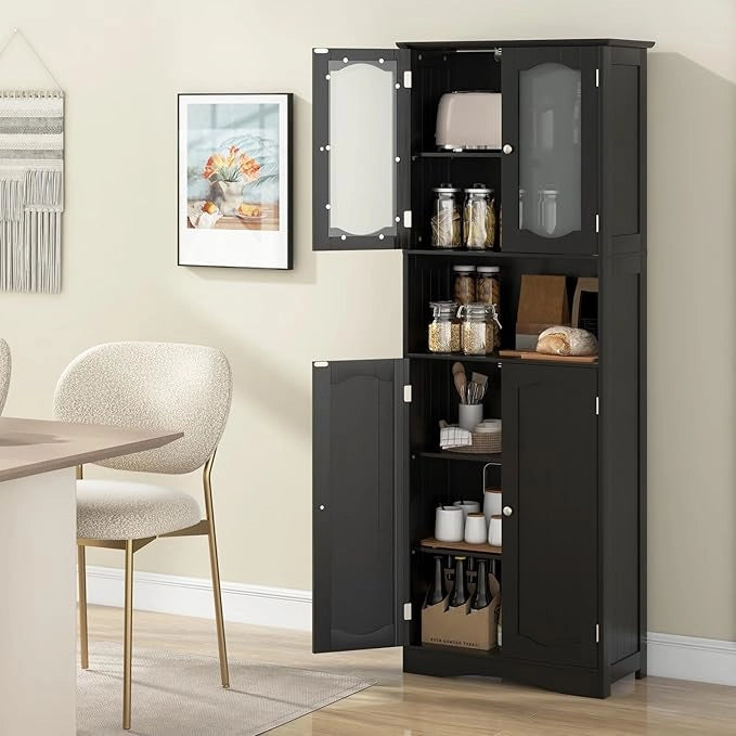 Armadietto Salvaspazio 60 x 30 x 164cm, Mobile Bagno con Scomparti Aperti, Ripiani Regolabili e 2 Porte in Vetro Temprato, Armadio da Bagno per Ufficio, Soggiorno e Camera da Letto (Nero)