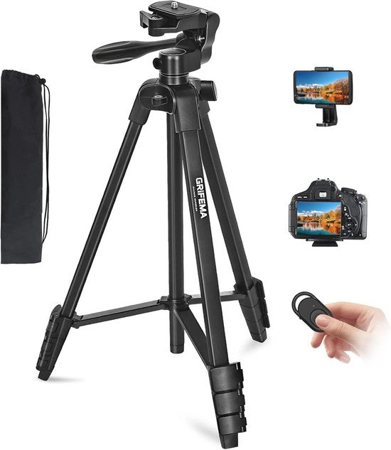 Stativo Portatile per Smartphone con Comando a Radio Remoto per Telefono e Camera - 140cm, 2,5 kg Capacità, Alluminio, Nero