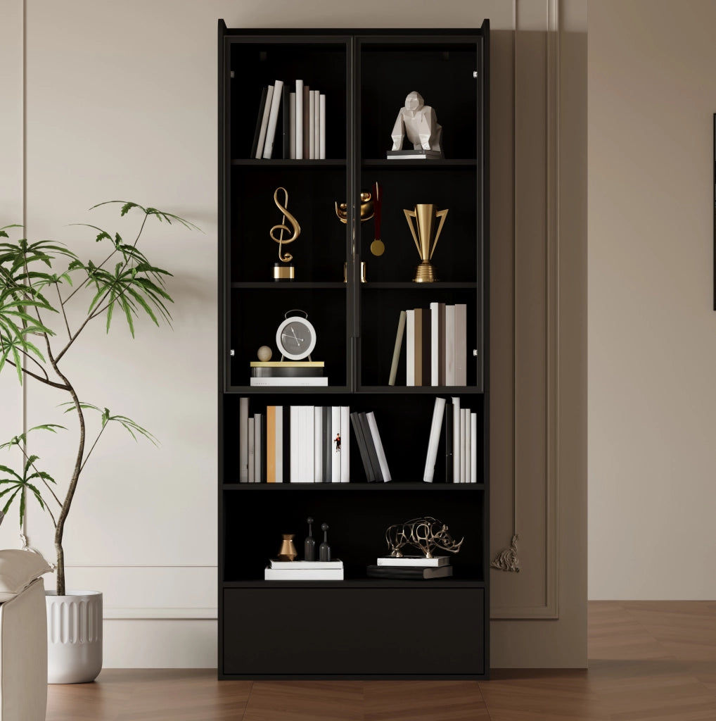 Vetrina alta con LED e 1 cassetto 80 x 34 x 180 cm; nero in MDF e vetro