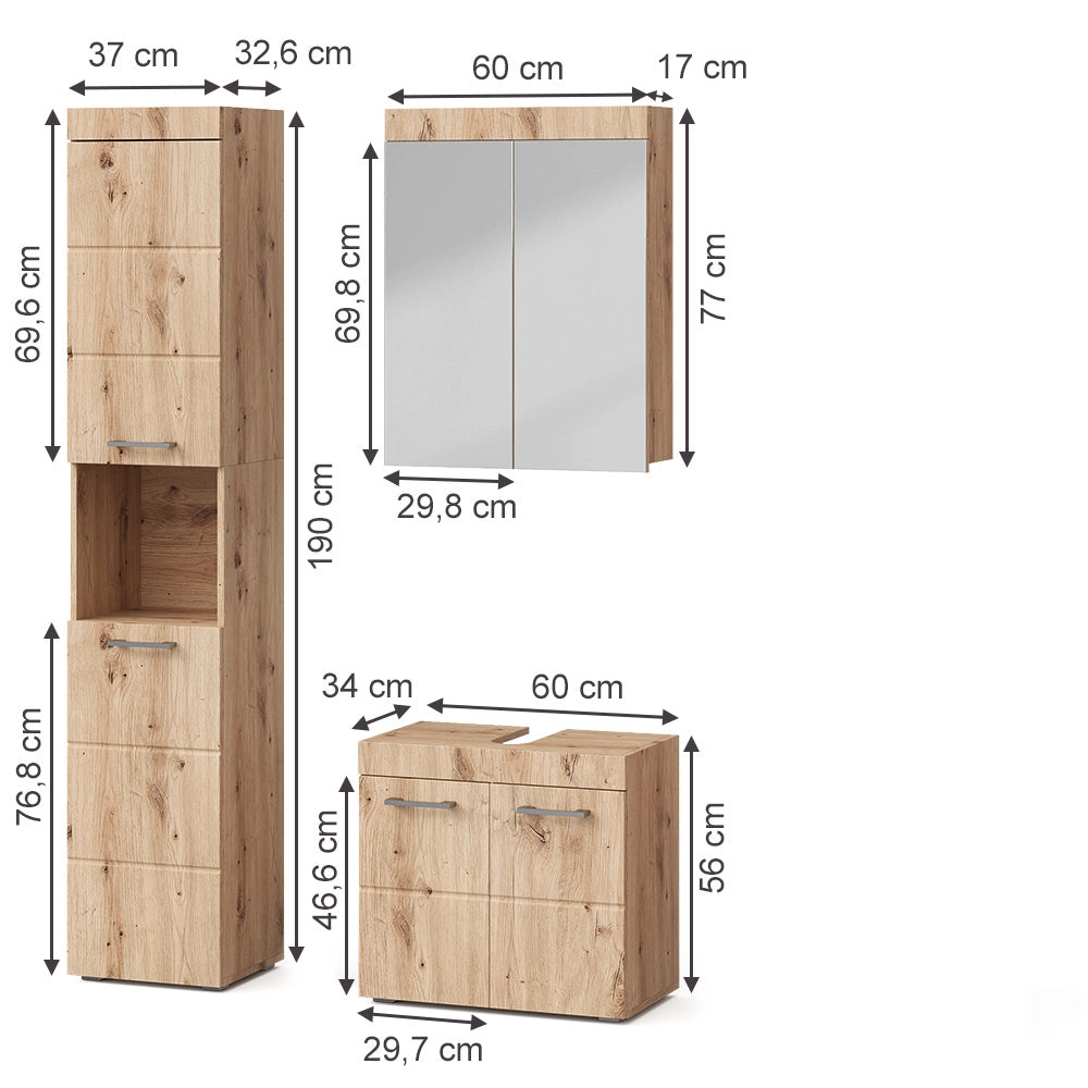 Set mobili bagno Luna Quercia Wotan 3 parti, con armadio alto Vicco